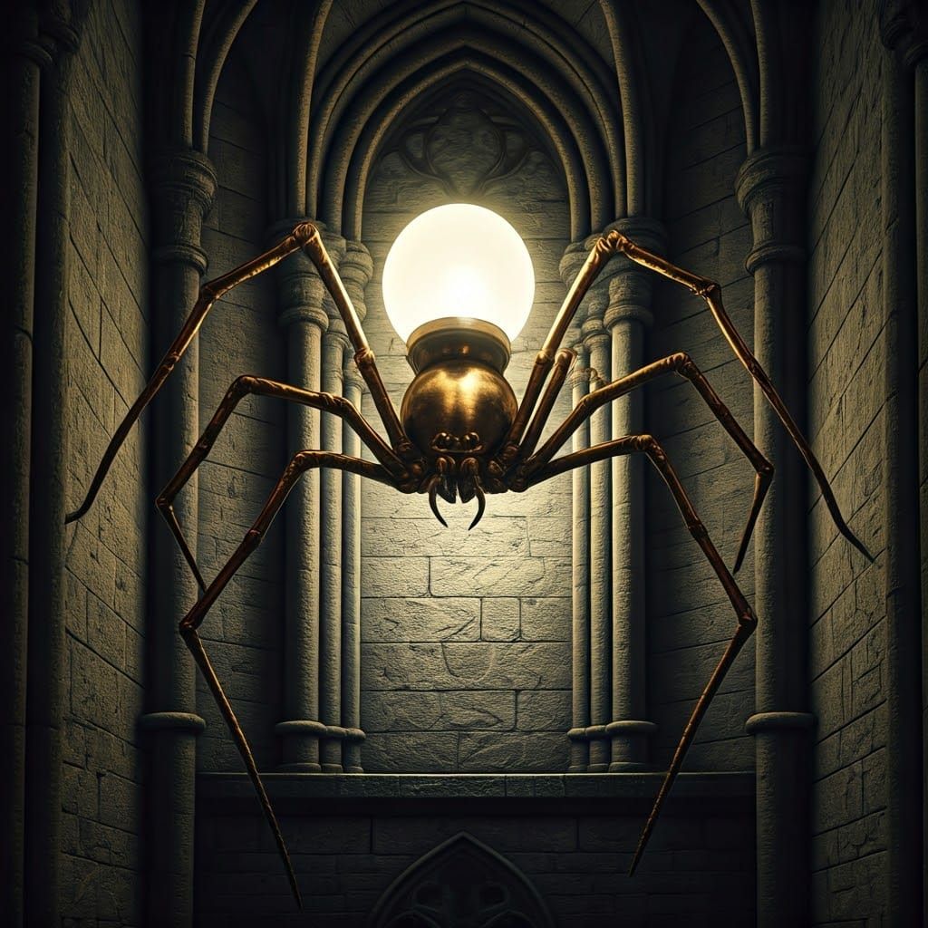 Sinister Spider Lamp in Gothic Architecture