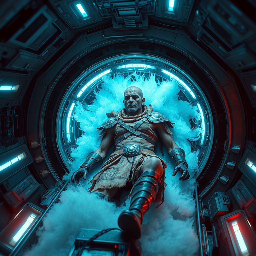 Ancient Warrior in Cryogenic Slumber on Futuristic Spaceship