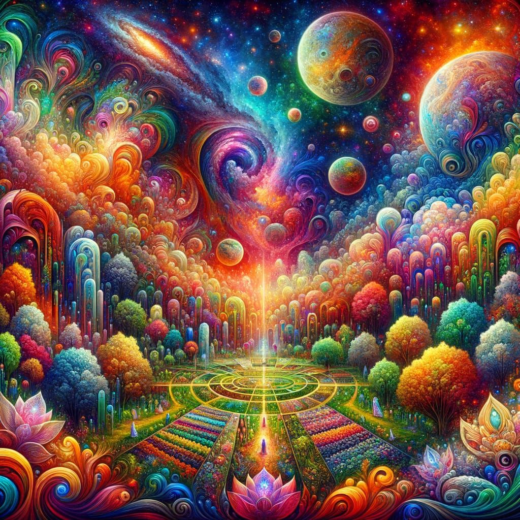 Surreal Garden of Eden with Cosmic Astral Background