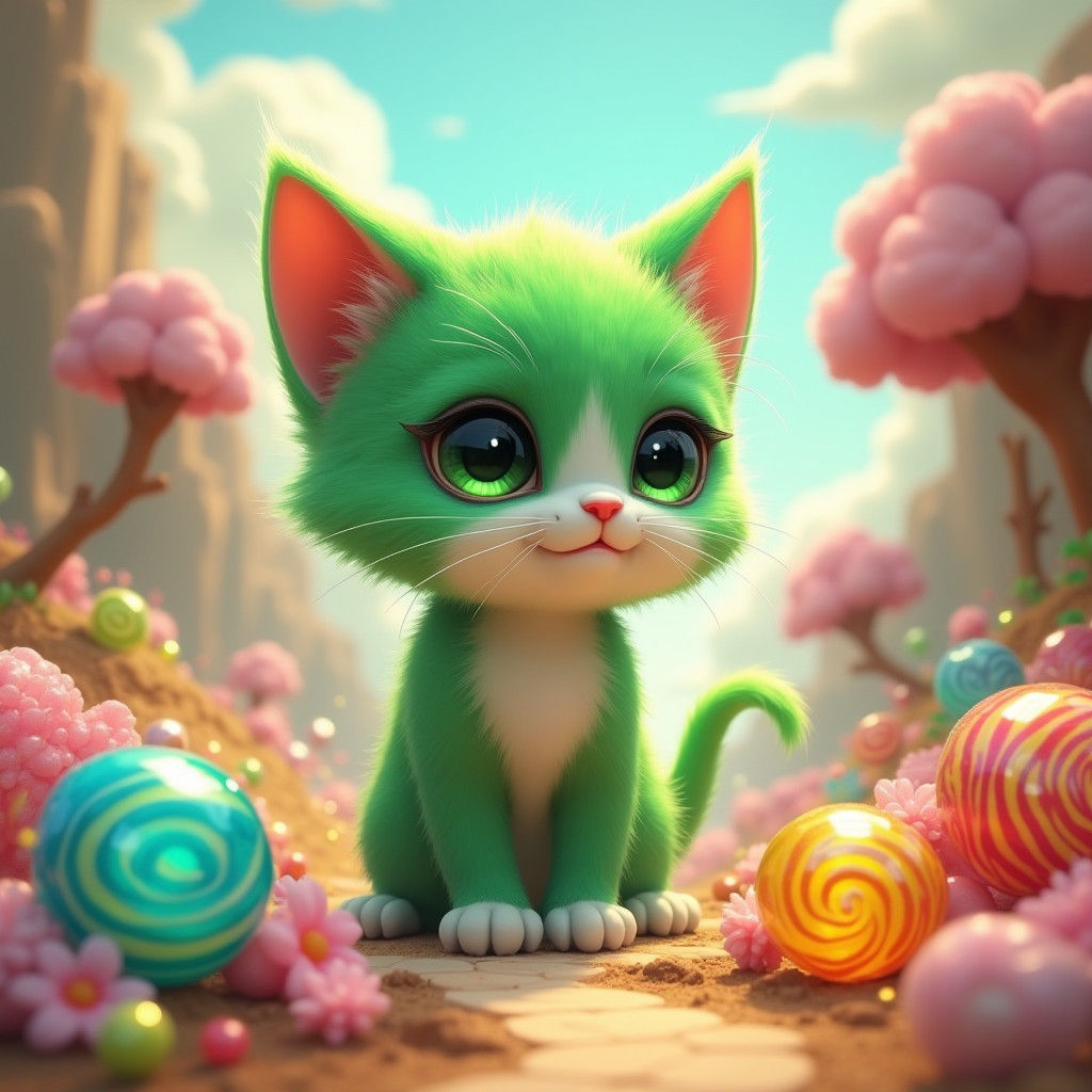 Whimsical Emerald Kitten in Candyland Wonderland