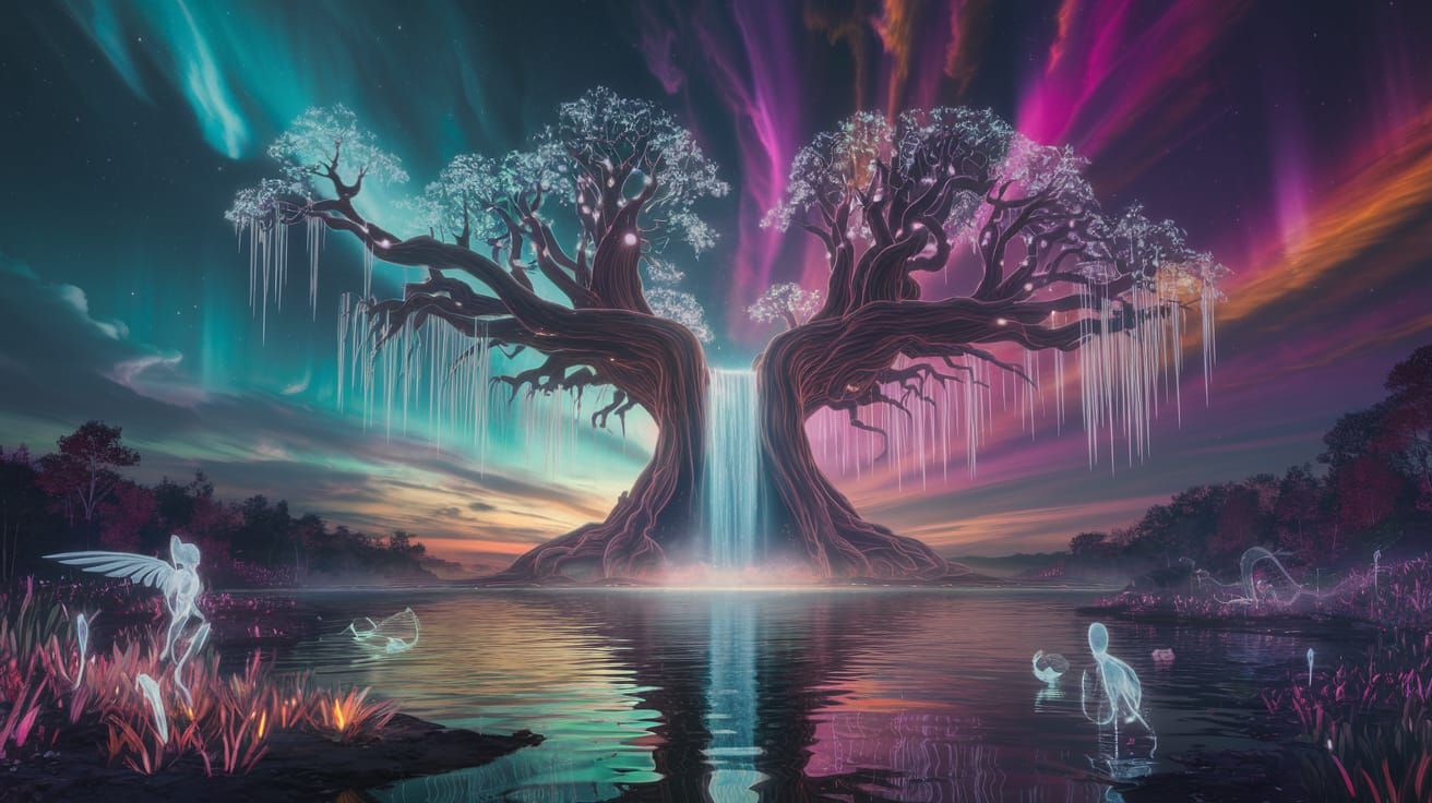 Surreal Tree of Light with Aurora Sky