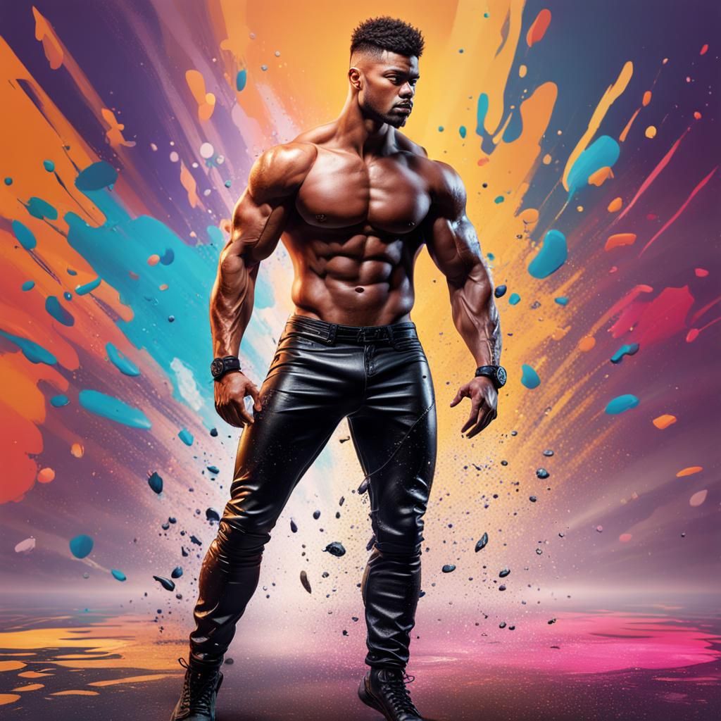 Muscular Man in Leather: Hyperrealistic Splash Art
