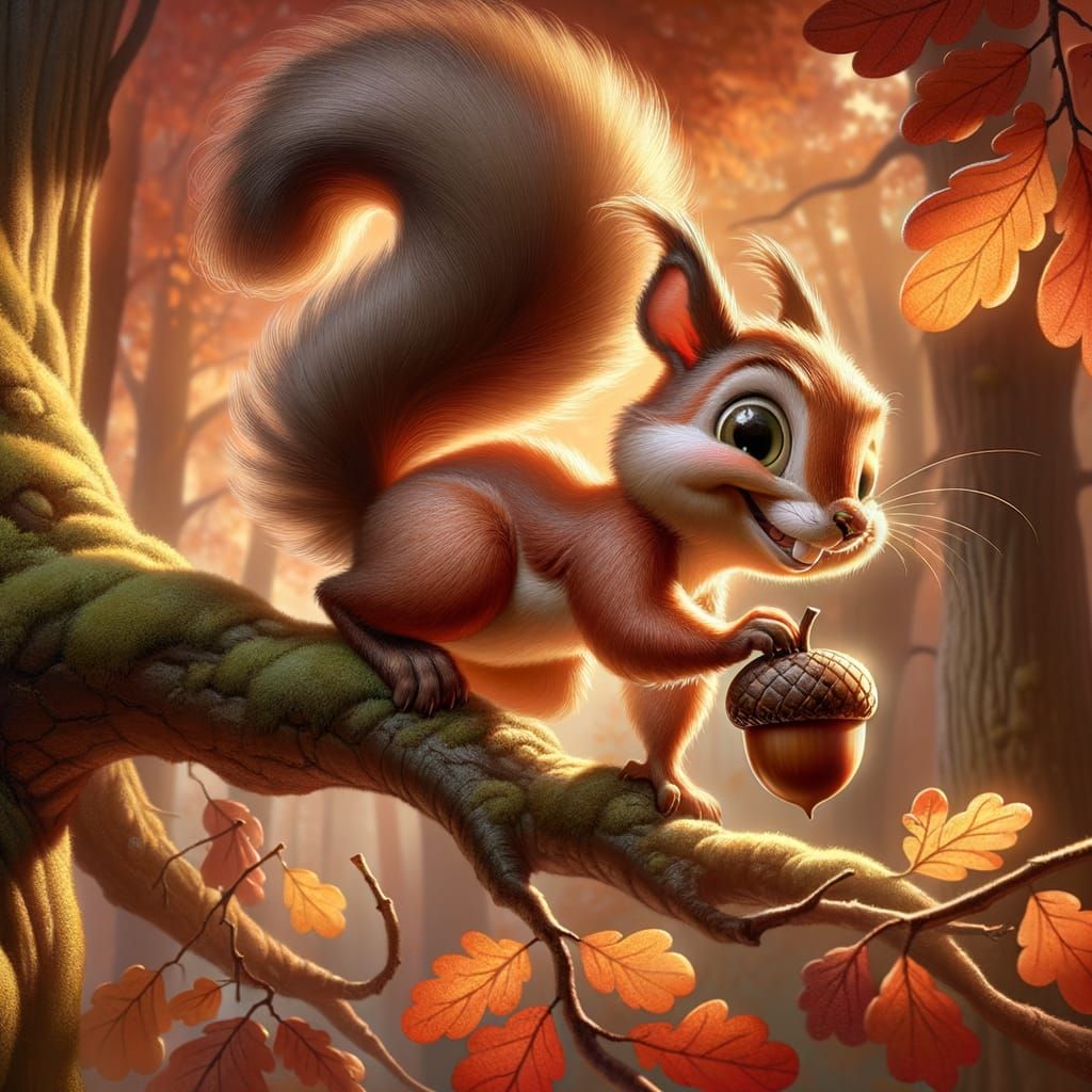 Mischievous Squirrel Jumps for Acorn in Autumn Forest