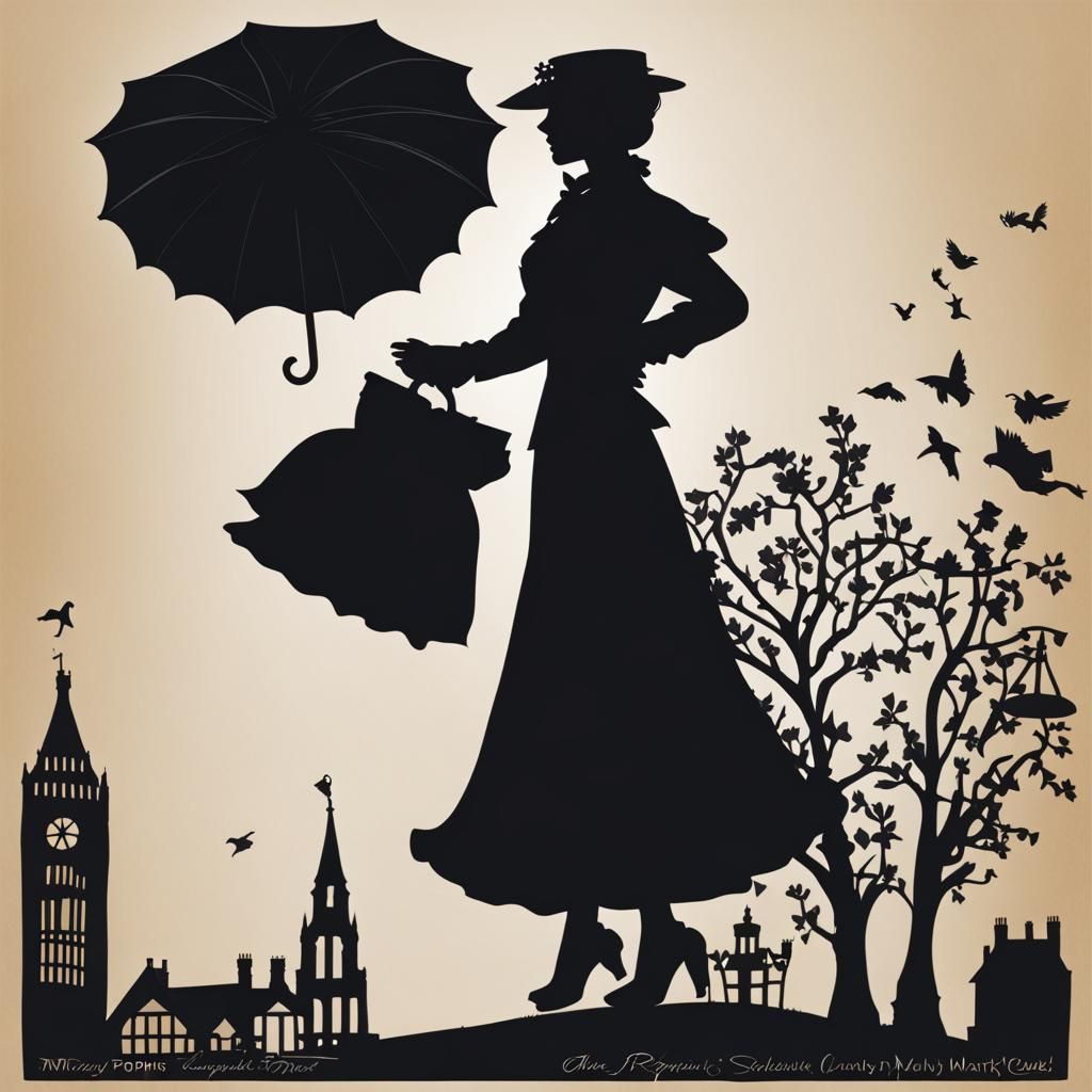 Mary Poppins Silhouette Against a Bright Sky
