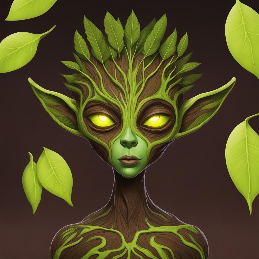 Tree Person Alien with Neon Green Hair