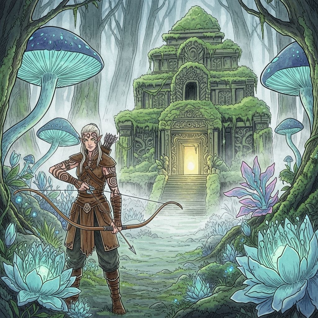 Elven Archer Guarding Bioluminescent Temple in Watercolor St...
