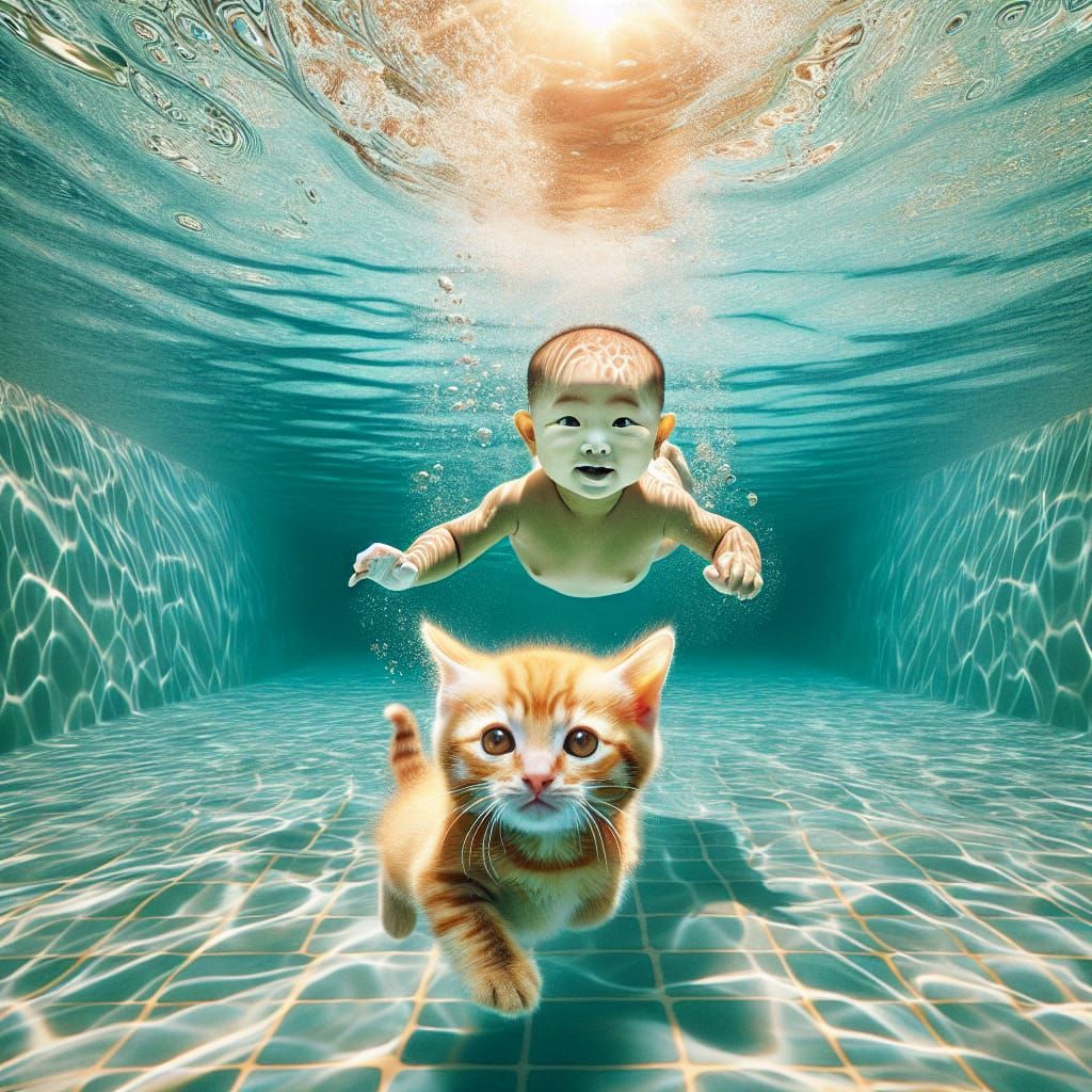 Infant and Kitten Underwater Adventure