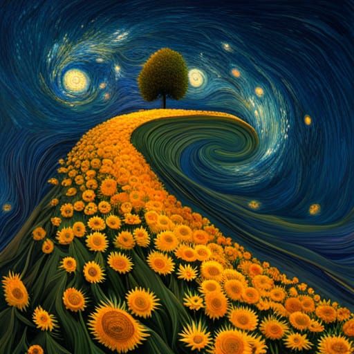 Fractal Sunflowers Under Swirling Starry Sky