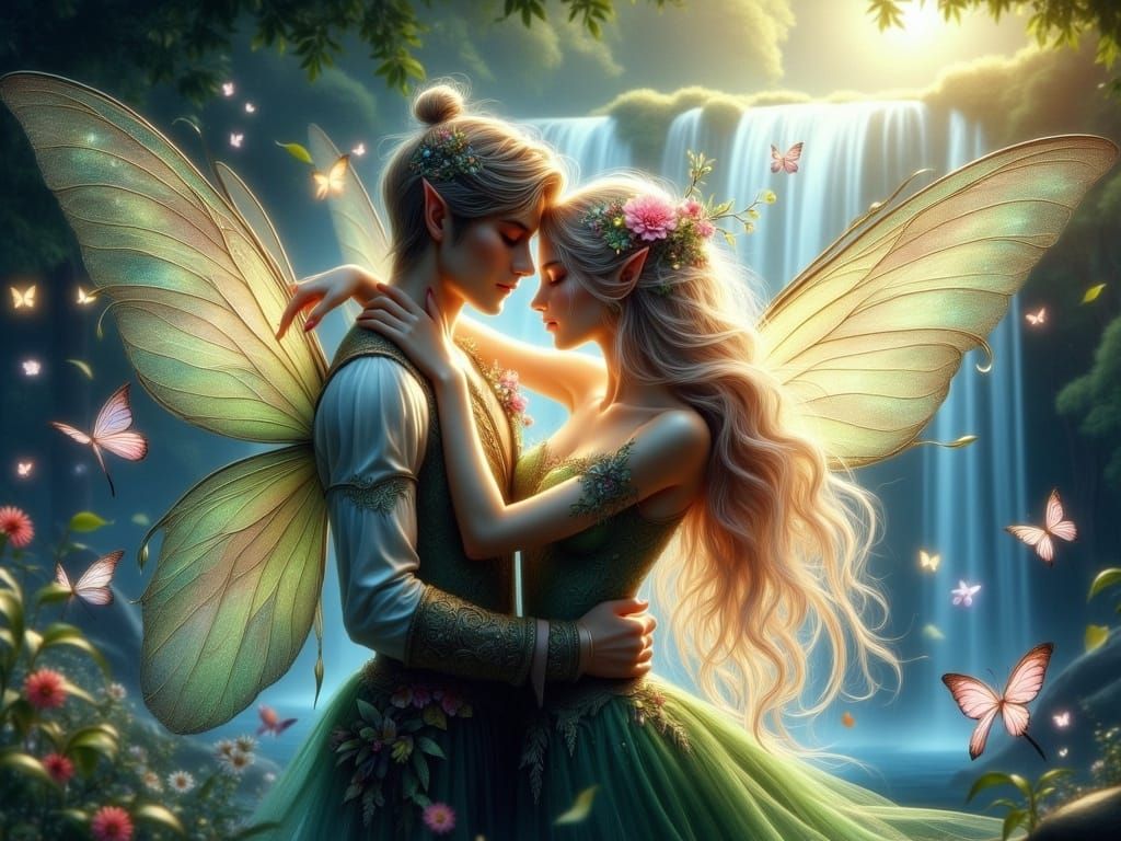 Enchanted Fairy Couple Embrace by Waterfall