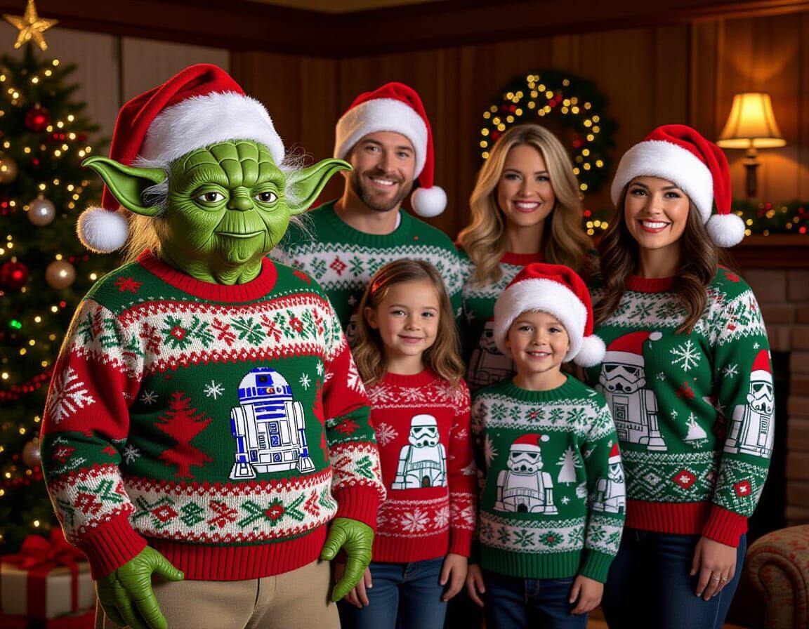 Yoda and Family in Ugly Christmas Sweaters