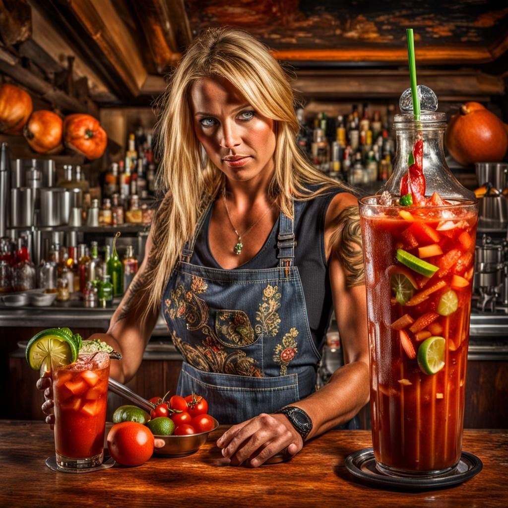 Detailed Image of Blonde Bartender Making Bloody Mary