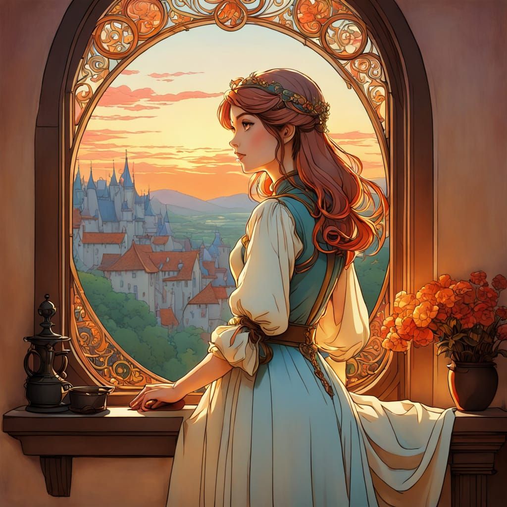 Medieval Girl Gazing Out at Dawn in Vibrant Colors
