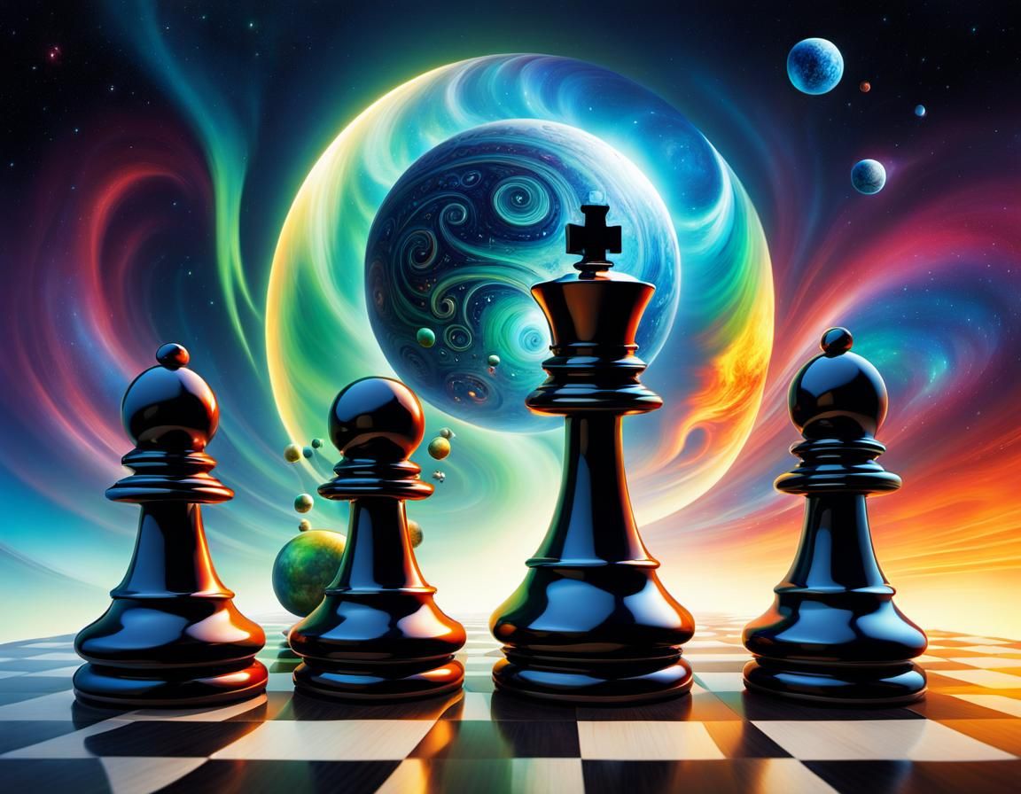 Surreal Chess Piece with Music and Cosmic Elements