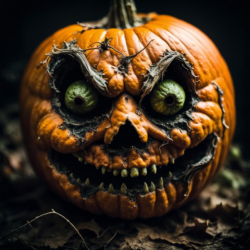 Rotten Jack-O'-Lantern Portrait in Swampy Witch House