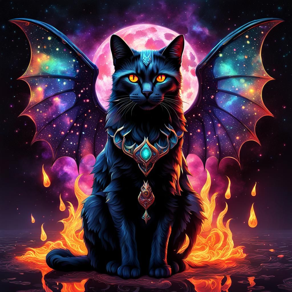 Cosmic Cat Goddess with Bat Wings
