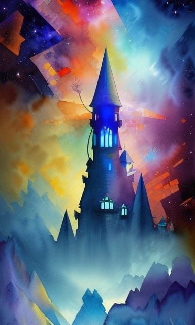 Dark Fantasy Castle Watercolour Painting with Nebula Sky