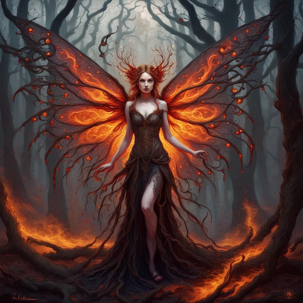 Fiery Fairy with Glowing Wings in Ominous Setting
