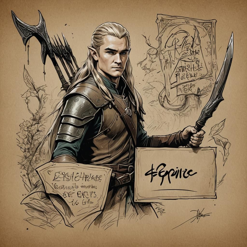 Legolas Holds Epic Sign in Detailed Ink Sketch