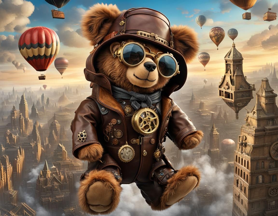 Steampunk Teddy Bear Piloting Hot Air Balloon