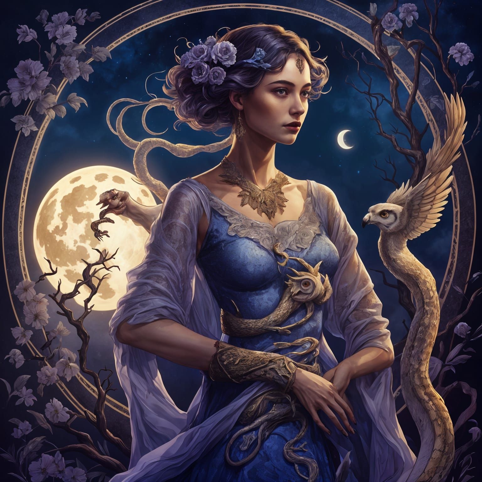 Ethereal Woman with Snake, Dark Moon and Owl