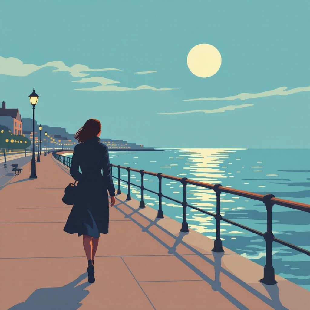 Vintage Boardwalk Poster: Woman by Calm Sea