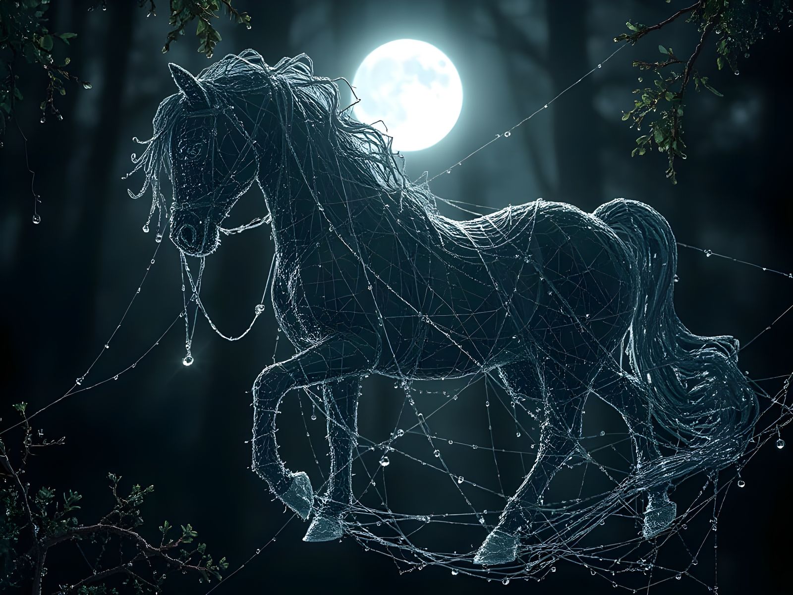 Ethereal Horse Formed from Delicate Spiderwebs