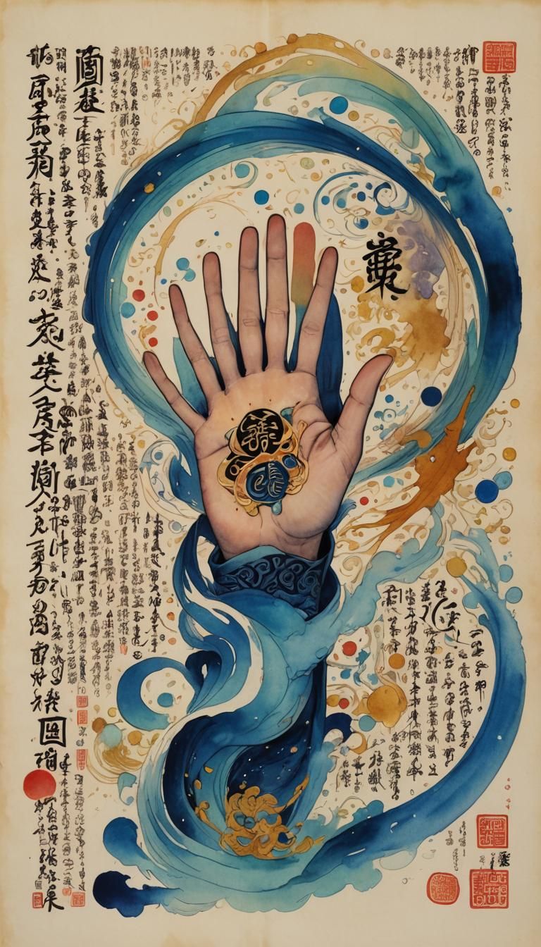 Hand of Fate Writing Mystic Symbols in Rainbow Hues