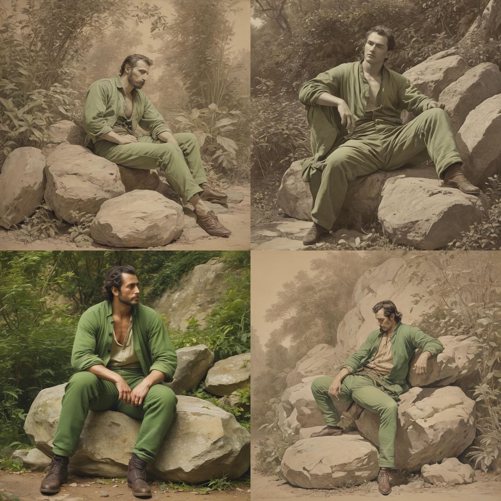 Monochromatic Green Garden Contemplation in Pillement Style