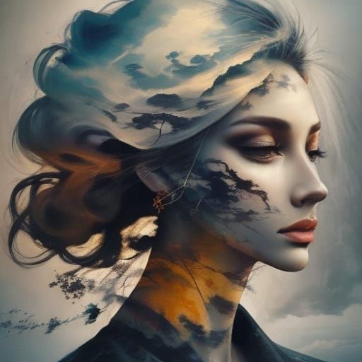 Surreal Split Portrait of Man and Woman in Oil Painting Styl...