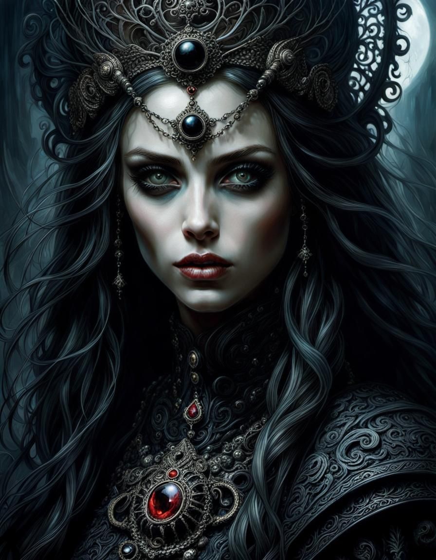 Ornate Portrait of Woman in Sinister Tim Burton Style