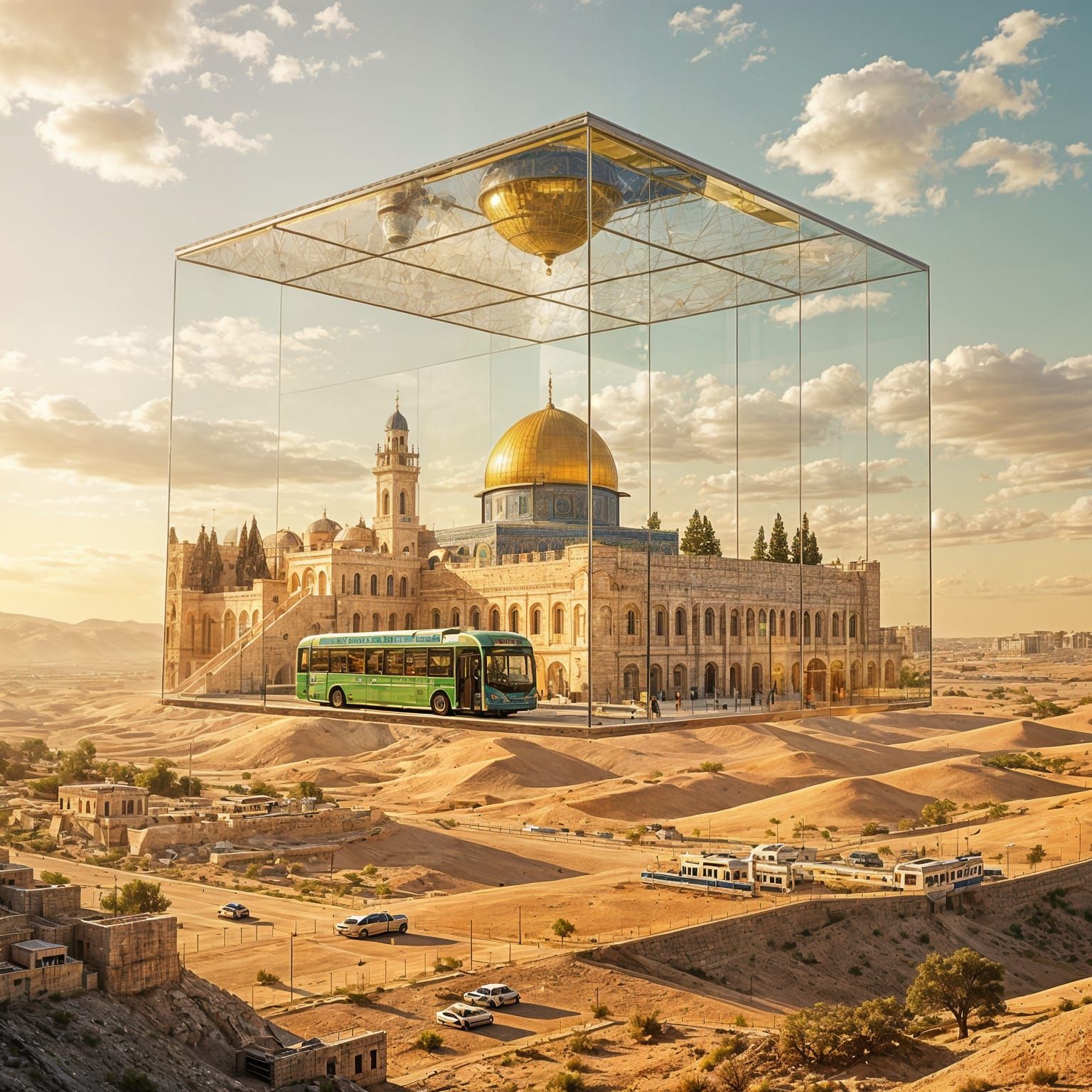 Futuristic Jerusalem in Glass Cube Over Desert