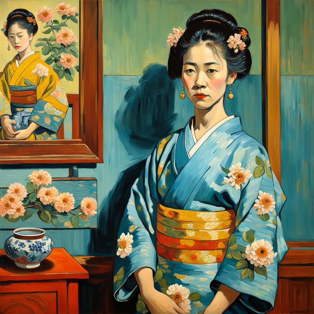 "oil paint, big strokes, Beautiful Lady, kimono, beautiful, ...