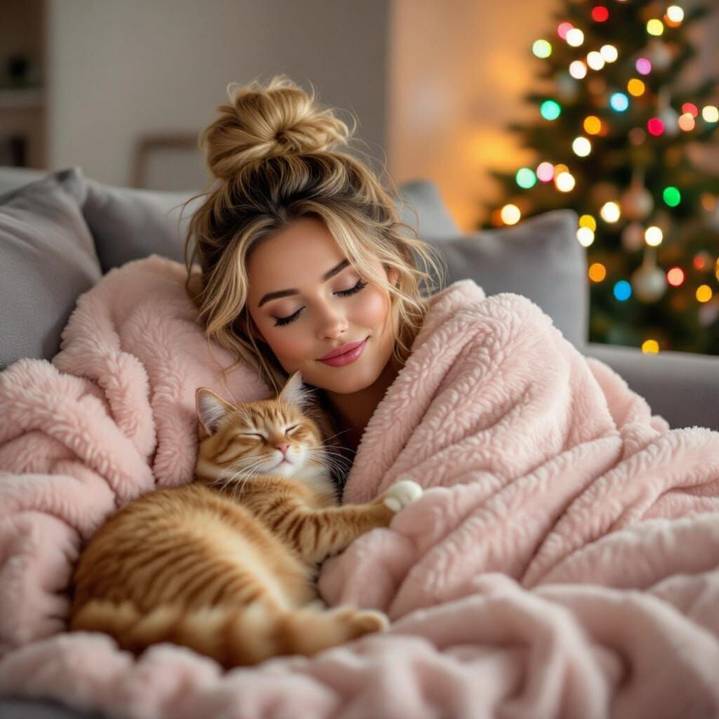 Cozy Scene: Woman, Cat, and Christmas Tree