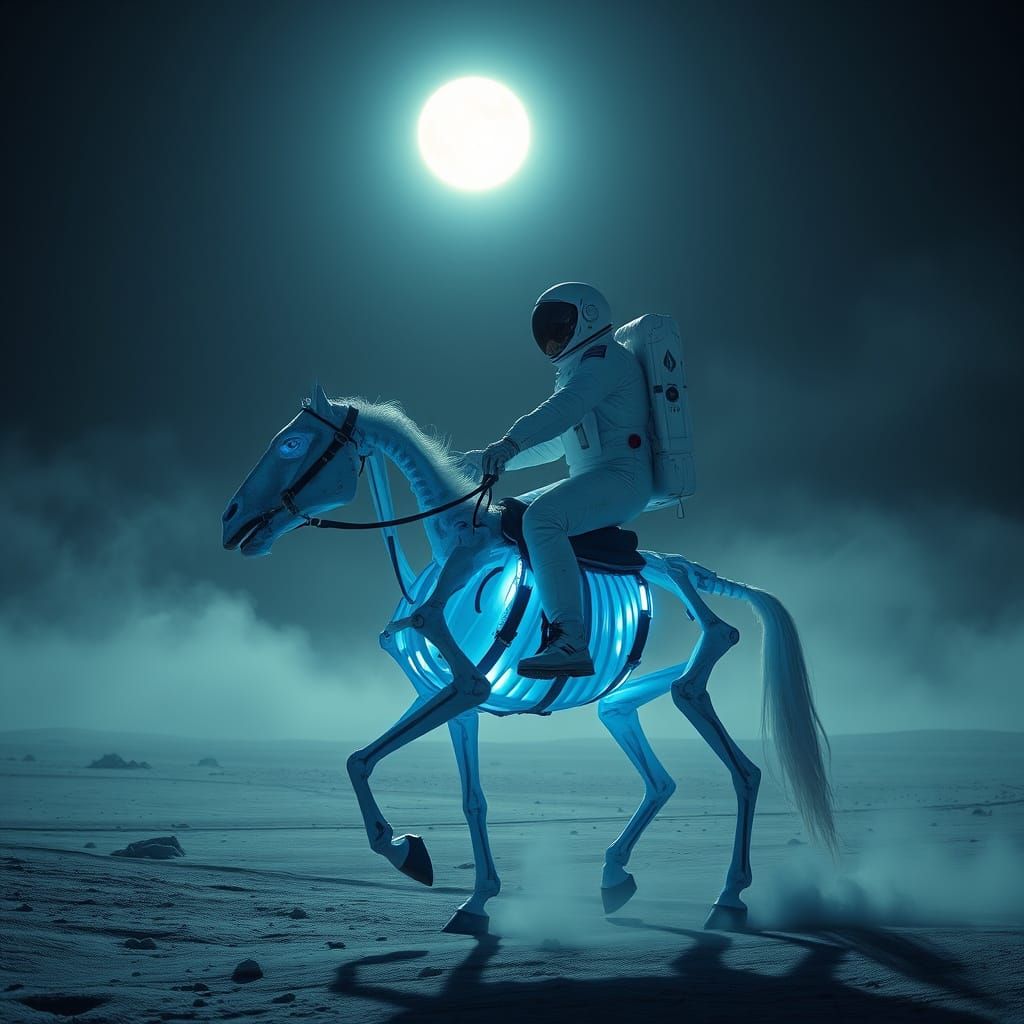 Astronaut Rides Skeletal Horse Under Moonlight