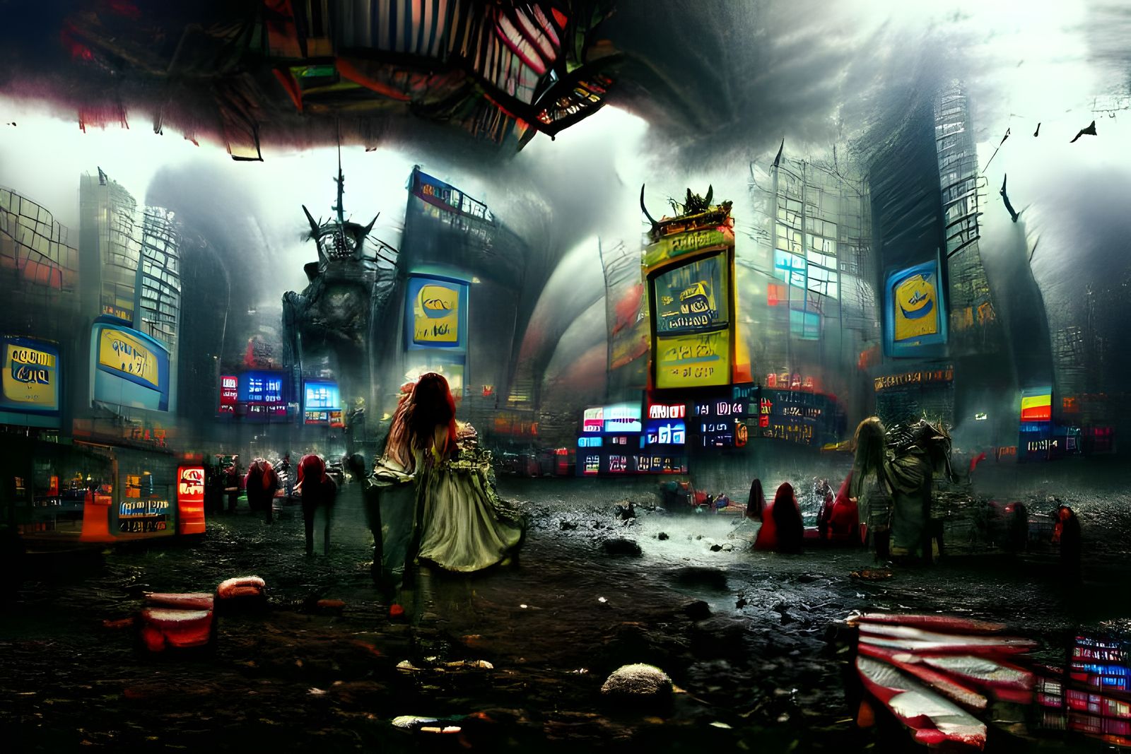 Horrific Times Square in Gustave Doré Style
