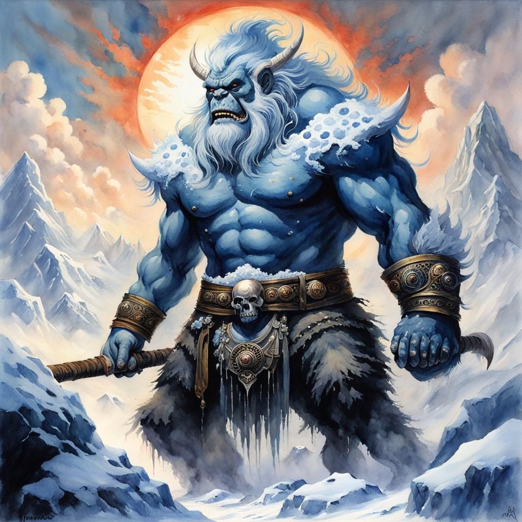 Japanese Volcanic Ice Giant in Watercolor Style