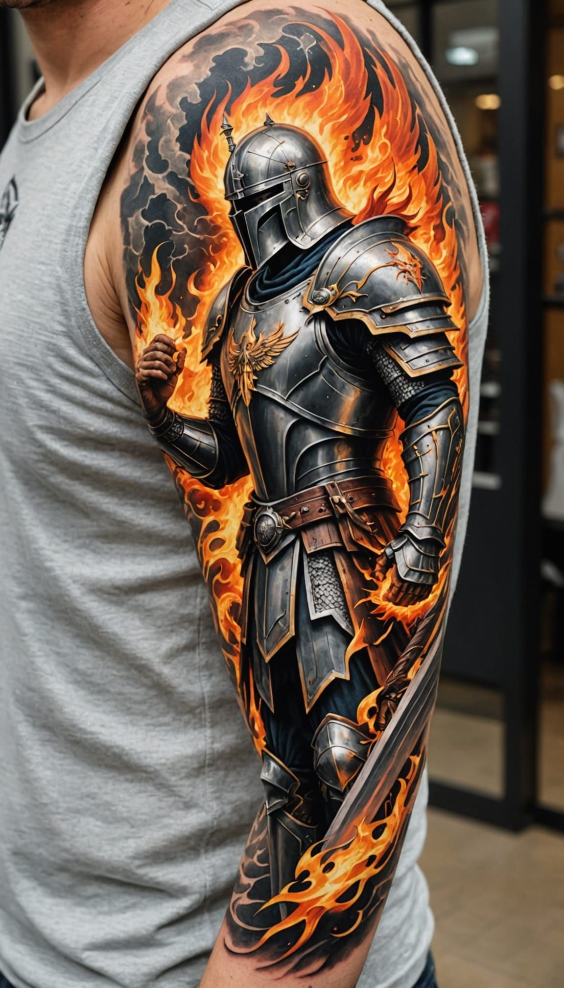 Knight and Phoenix Tattoo Design with Storm