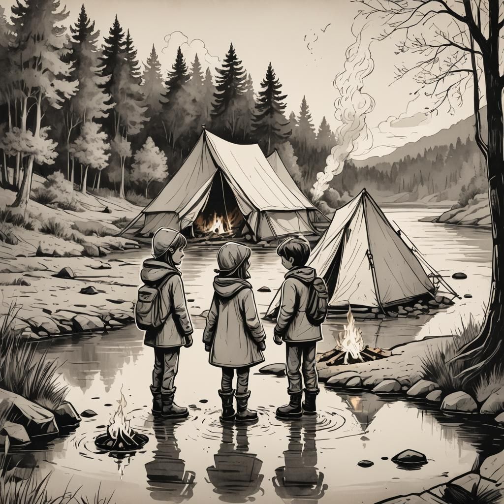 Children by Bonfire: Classic Storybook Illustration