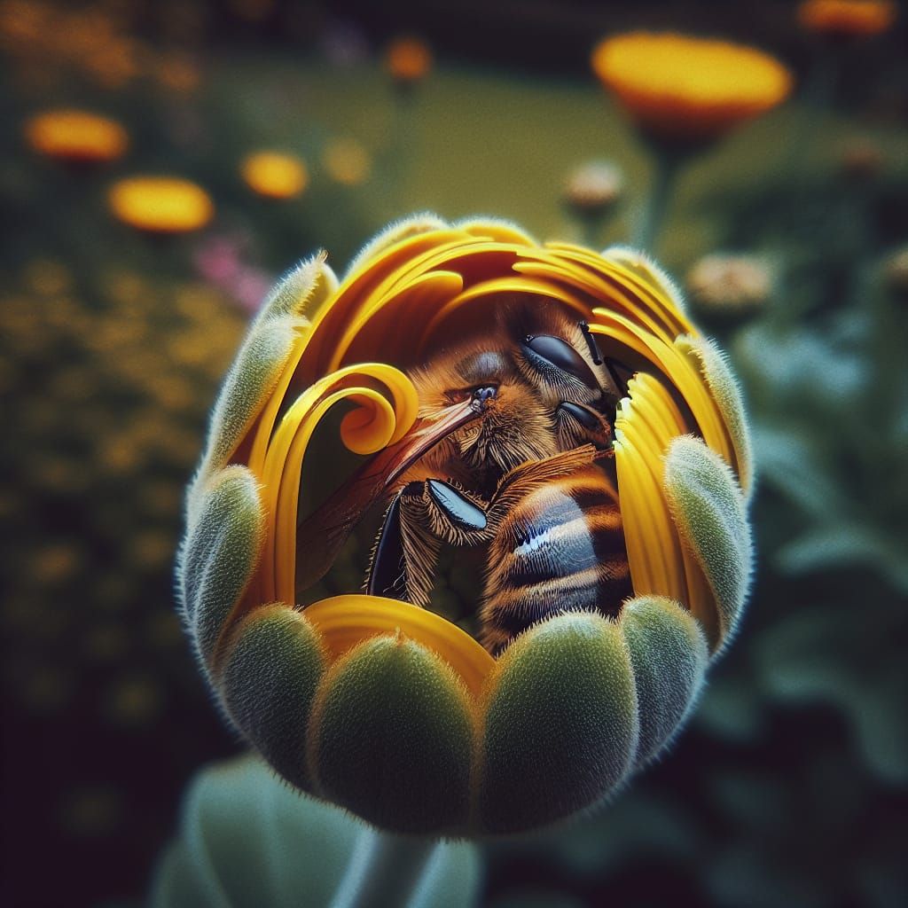 Sleeping Honeybee in Vivid Flower Garden