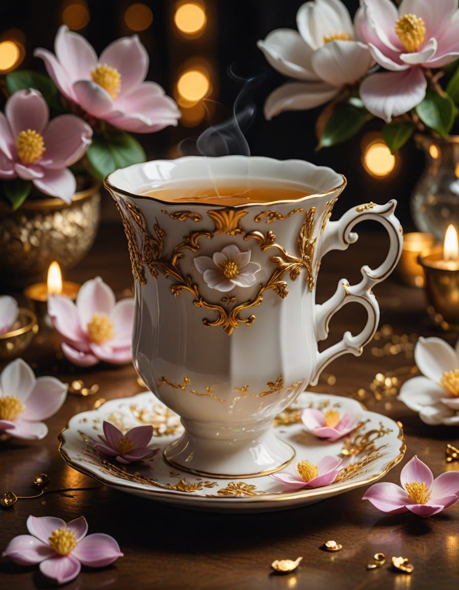 Rococo Tea Cup with Magnolias in Vibrant Golden Light