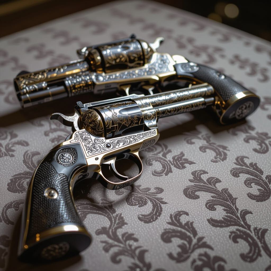 Intricately Etched Revolvers Gleaming on Velvet