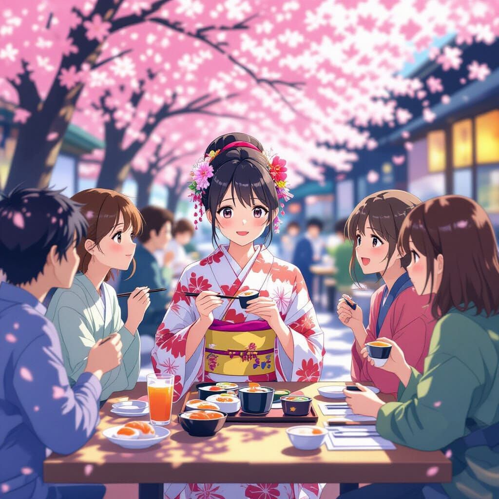 Anime Girl with Friends Enjoying Sushi Under Cherry Blossoms