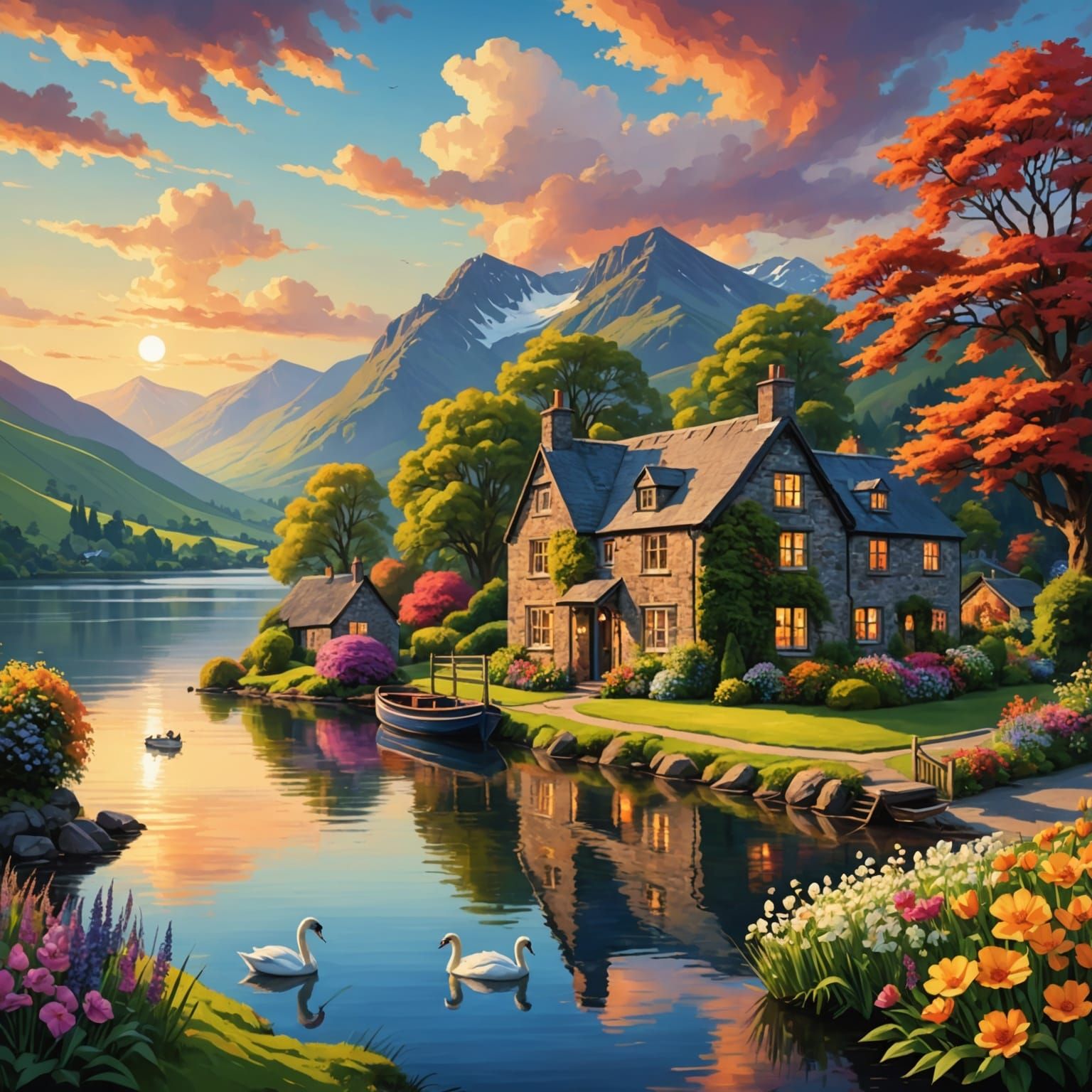 Lake District Landscape Painting with Cottage and Swans