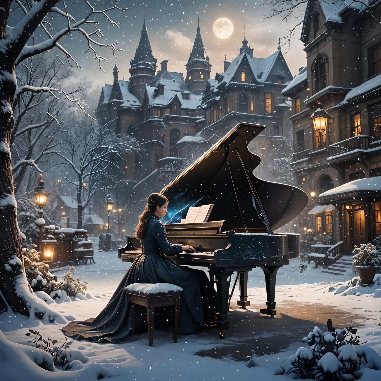 Lady Plays Piano in Winter Wonderland: Fantasy Art