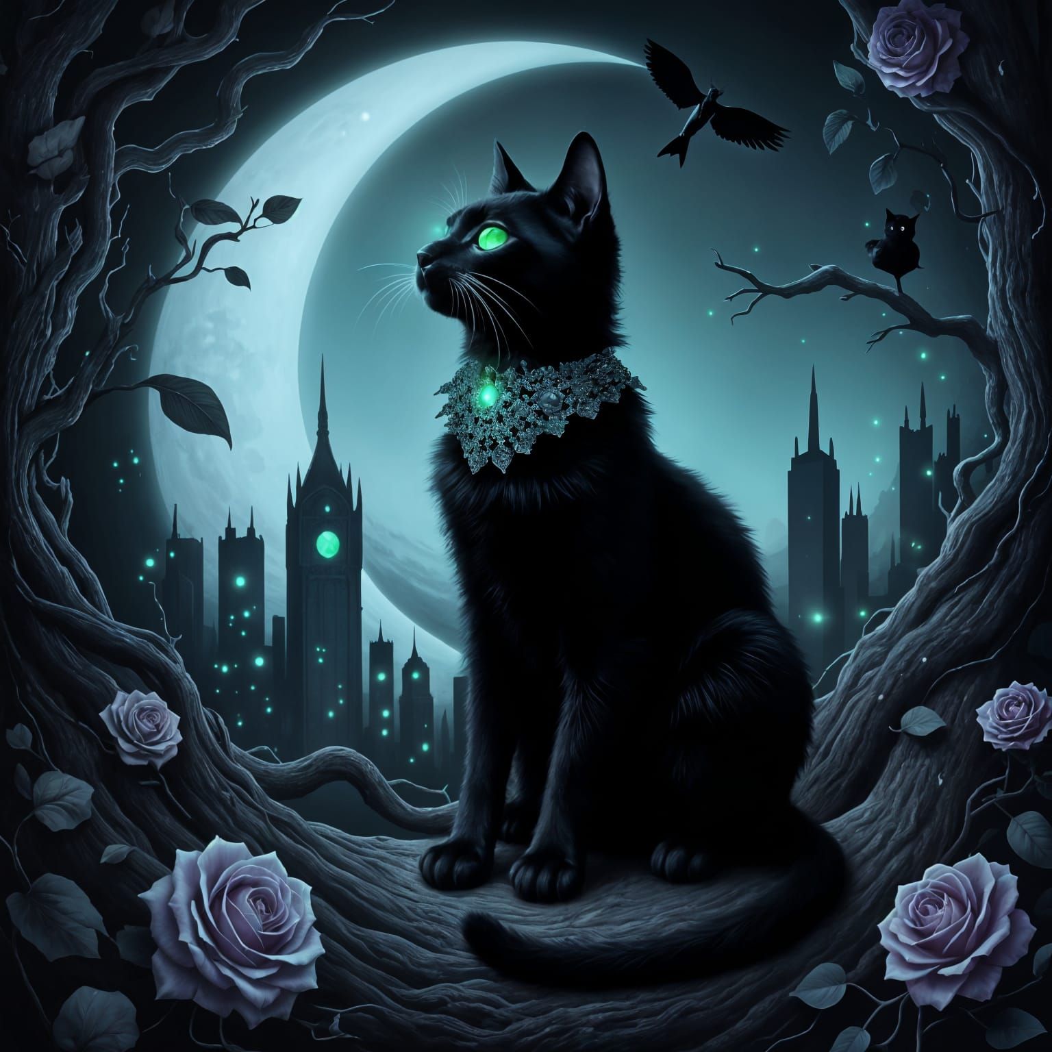 Black Cat on Crescent Moon in Gothic Style