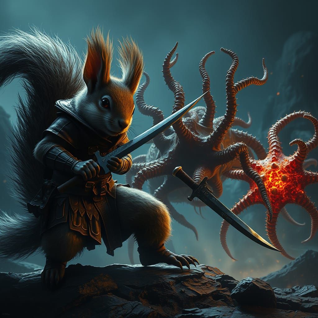 Surreal Dark Fantasy Duel: Squirrel Warrior vs Starfish Cham...