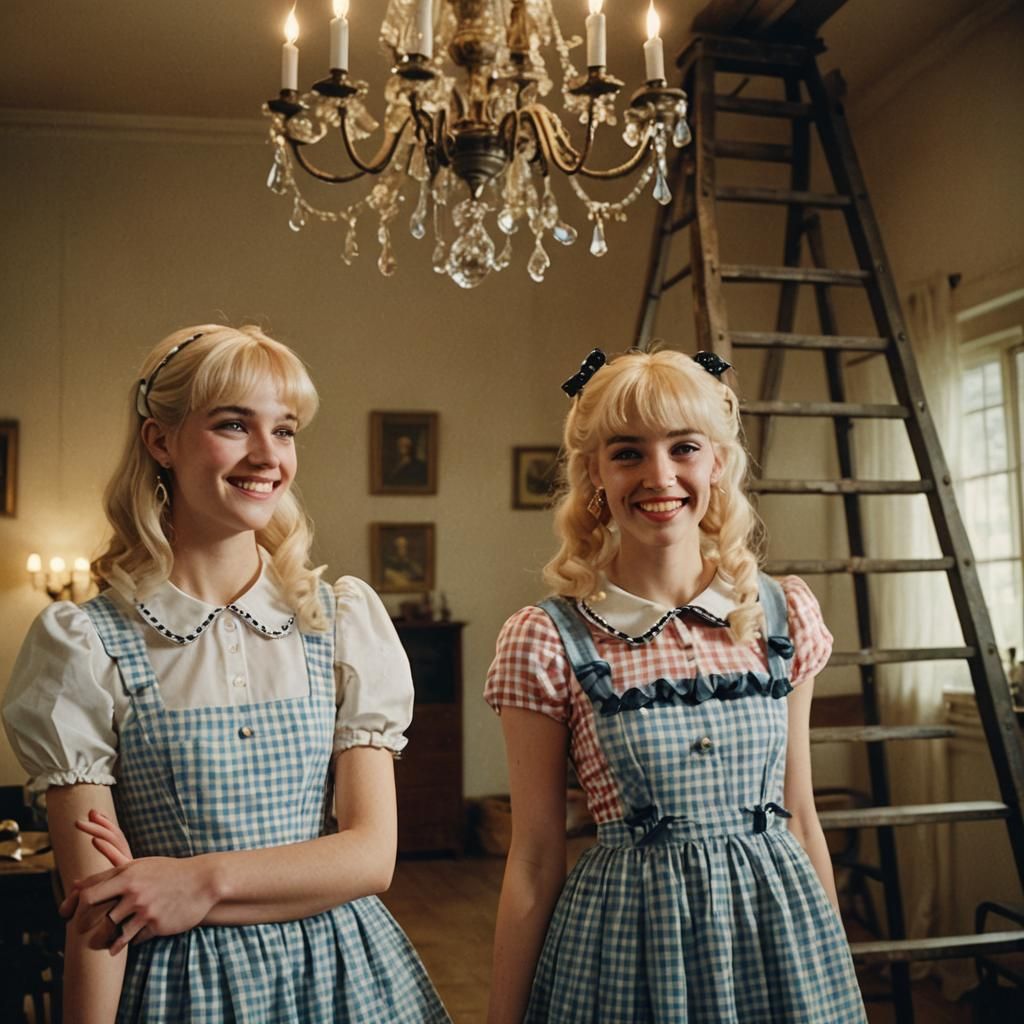 Playful Film Still: Young Man in Gingham Dress