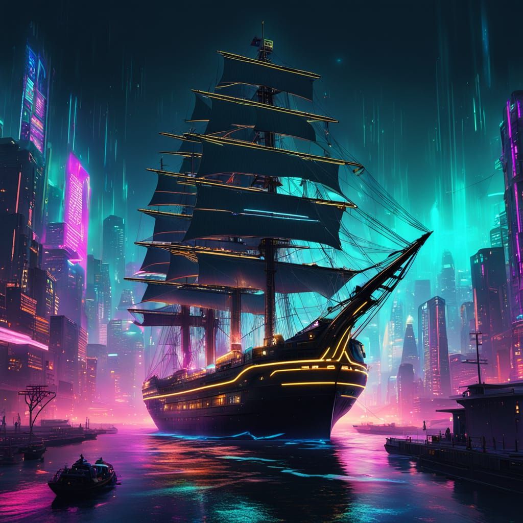 Golden Tall Ship Sails Through Cyberpunk Dimension