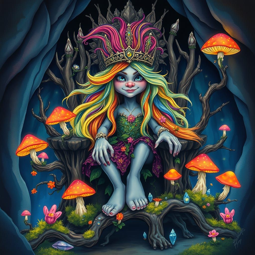 imagine a beautiful troll queen with long, wild rainbow hair...