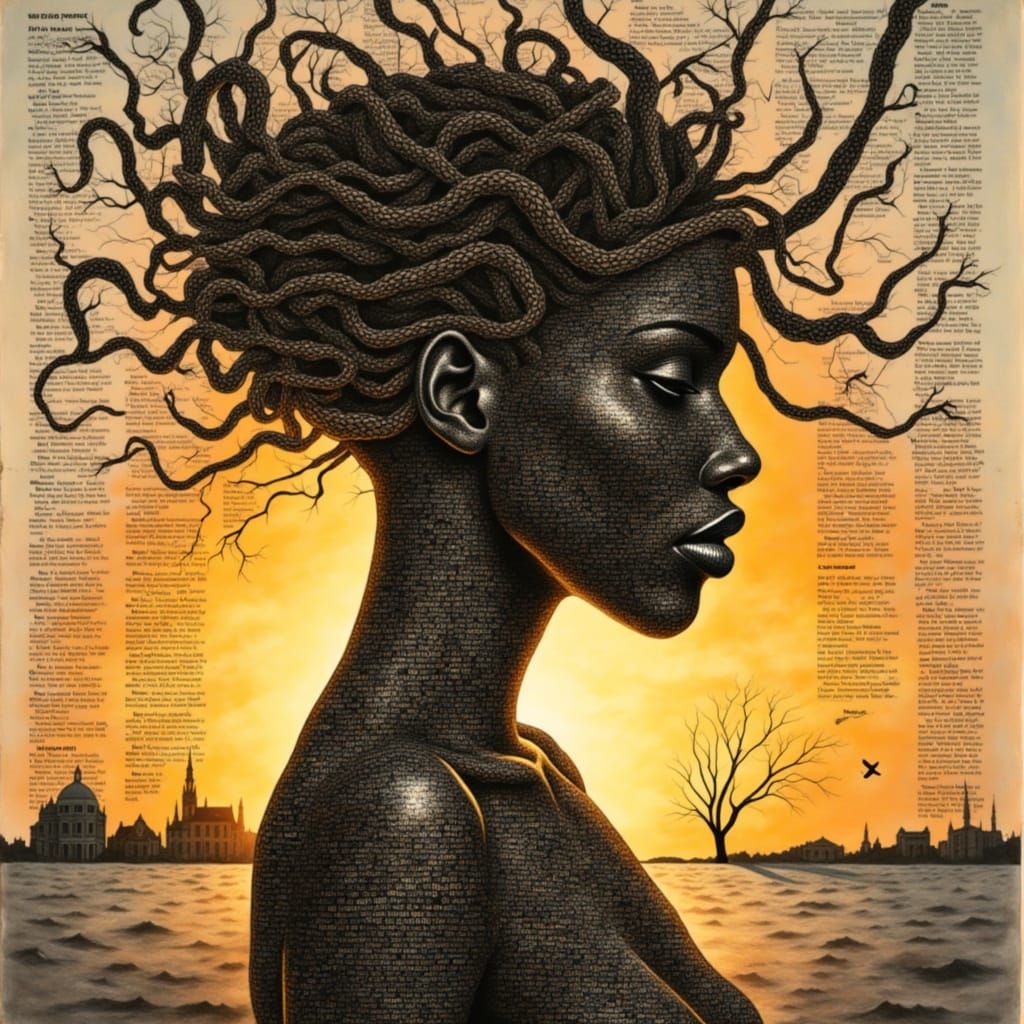 Wireframe Woman Silhouette with Rising Sun, Ghenie Style